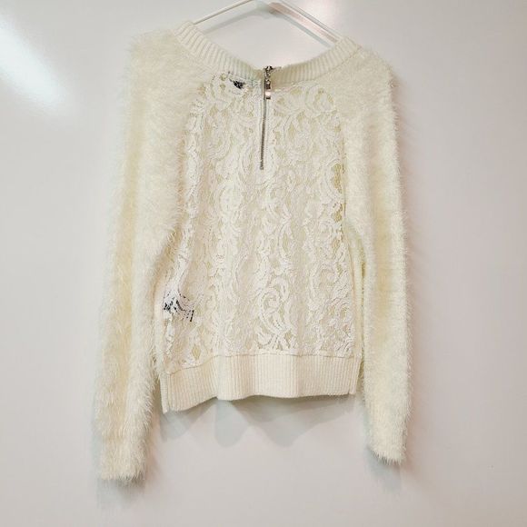 XOXO Sweater Lace Back Cream Fuzzy Soft Striped Womens Small - Picture 2 of 8